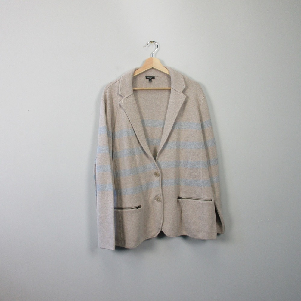 Talbots Knit Blazer Jacket Woman 3X Beige Striped Cotton Rayon Casual Chic 984